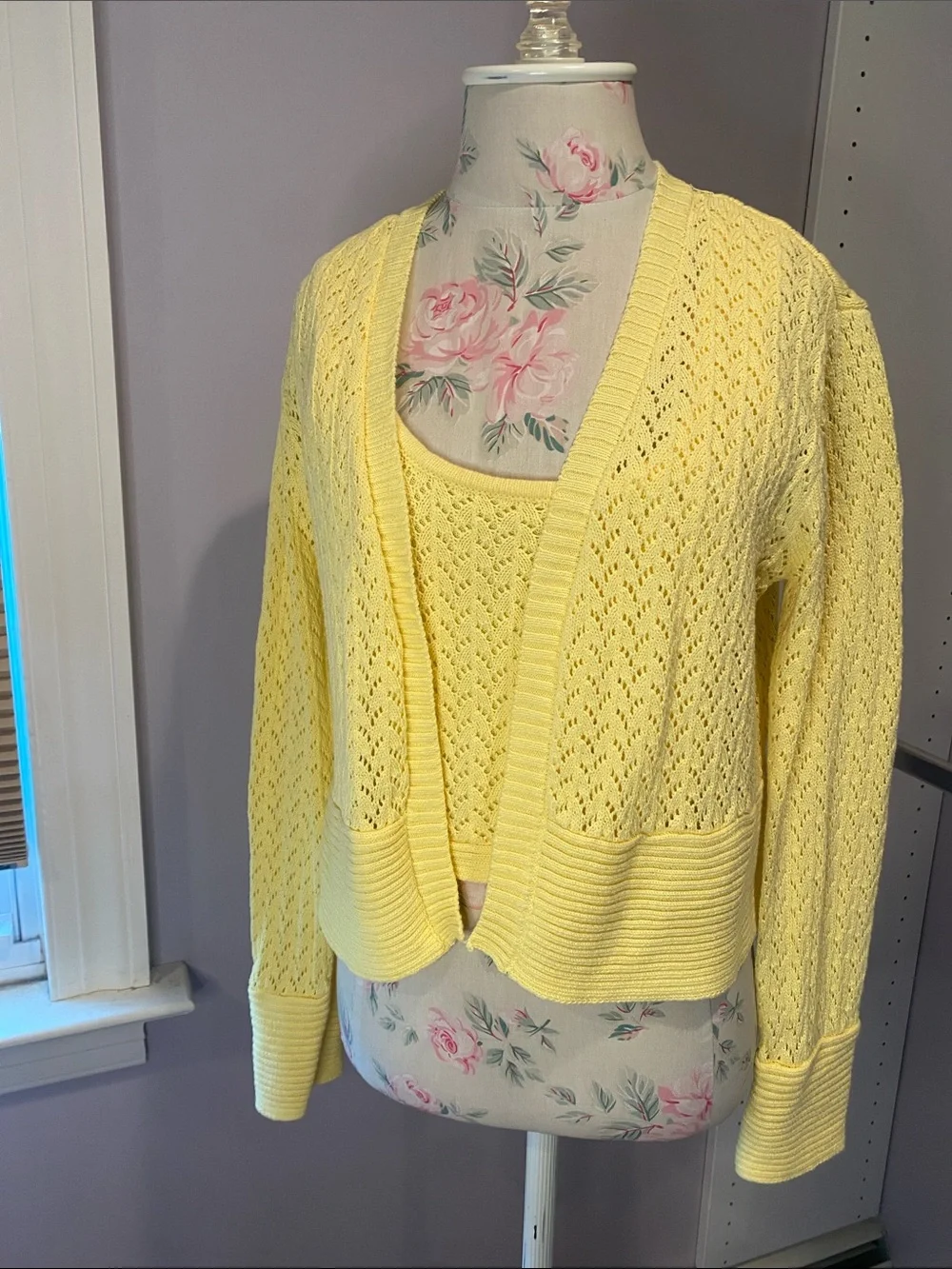 Z Supply Pale Yellow Open-Knit Cropped Cardigan and shell set